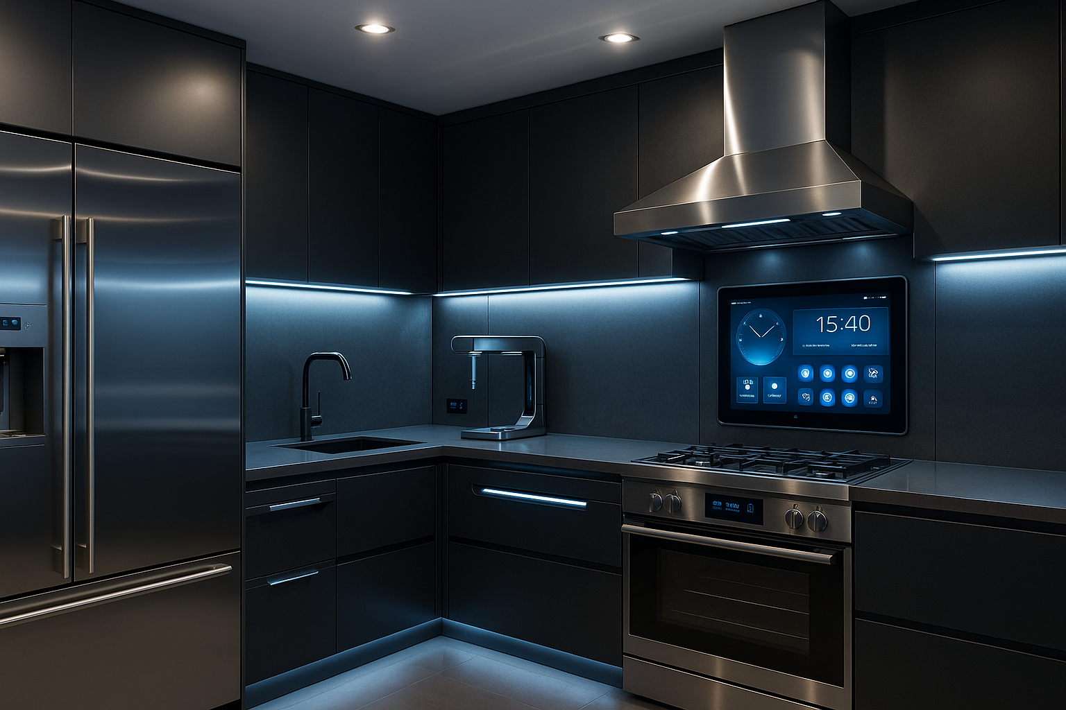 Professional high-tech kitchen with chefs working